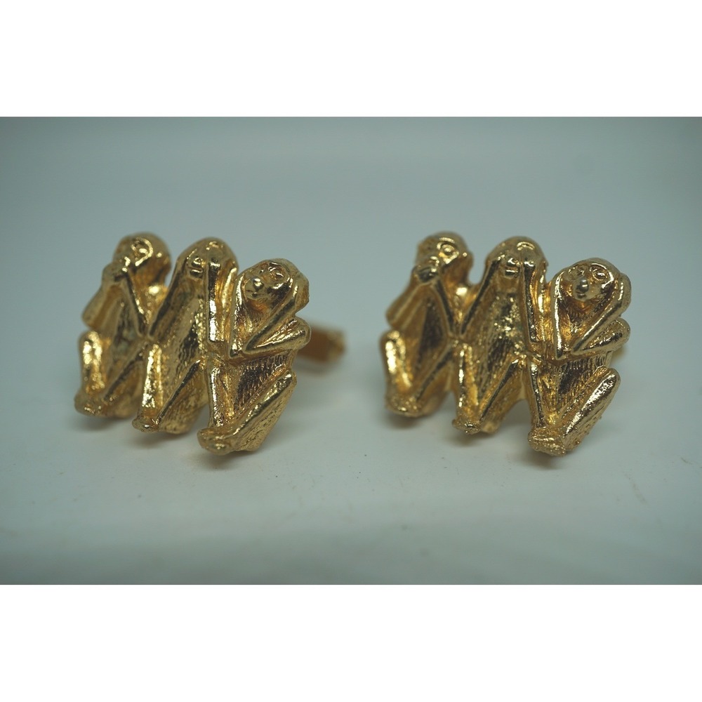 Three Wise Monkeys Cufflinks Gold Tone See Hear Speak No Evil Figural Vintage